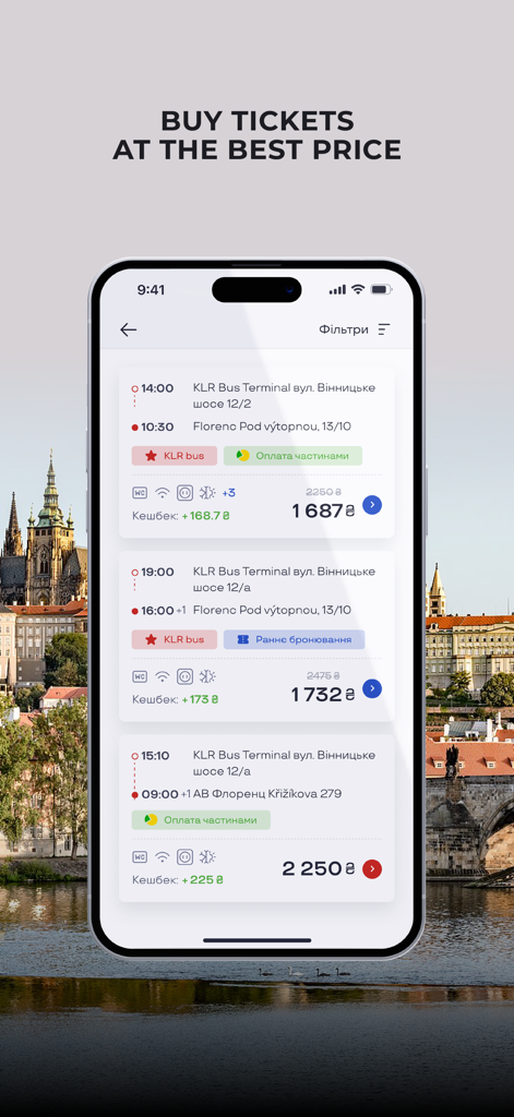 Interfaz de la aplicación móvil KLR Bus mostrando varias opciones de billetes de autobús y precios para viajar en Europa