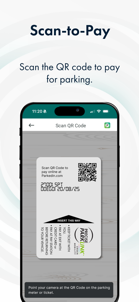 Parkedin™ - Interfaz de la aplicación Parkedin para escanear un código QR de ticket de aparcamiento para pagar el estacionamiento