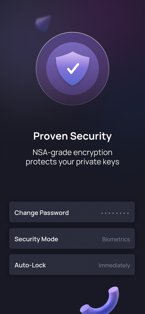 Enjin Wallet security interface showing NSA-grade encryption and biometric settings