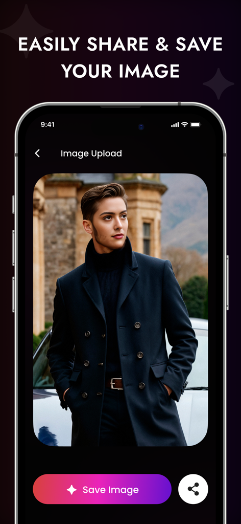FaceMagic app screen showing options to save and share a generated AI face swap image of a man in a black coat.