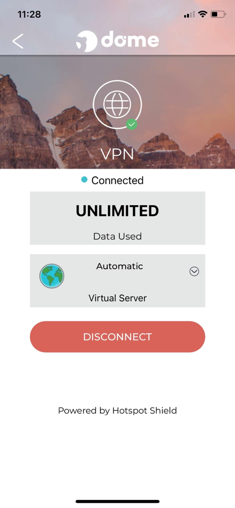 PandaDome app VPN connection screen showing unlimited data usage