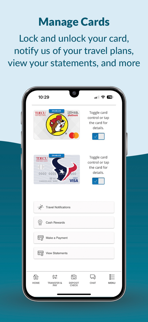 TDECU Digital Banking - TDECU Digital Banking app interface for managing credit and debit cards including options to lock cards and set travel notifications