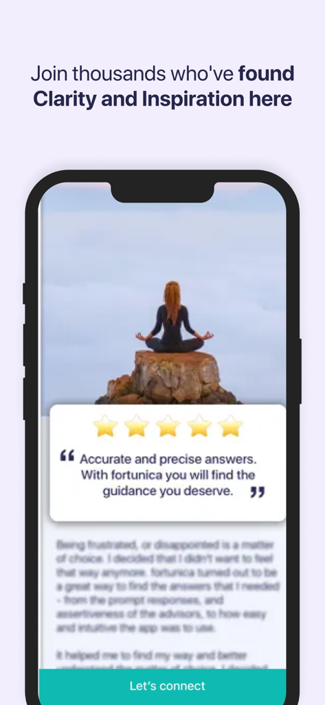 Fortunica App-Bildschirm, der eine Frau zeigt, die auf einer Klippe meditiert, und eine Fünf-Sterne-Benutzerbewertung über genaue psychische Führung
