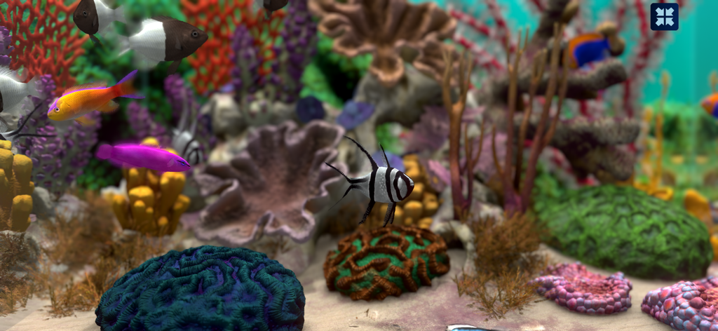 Fish Farm 4: 3D Aquarium - A vibrant 3D aquarium scene with colorful tropical fish swimming among detailed corals and sponges in Fish Farm 4.
