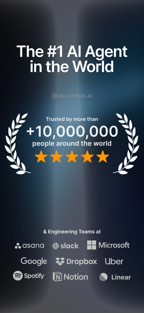 BLACKBOXAI - Interfaz de la aplicación Blackbox AI mostrando su estado como un agente de IA superior de confianza para 10 millones de usuarios y grandes equipos de ingeniería