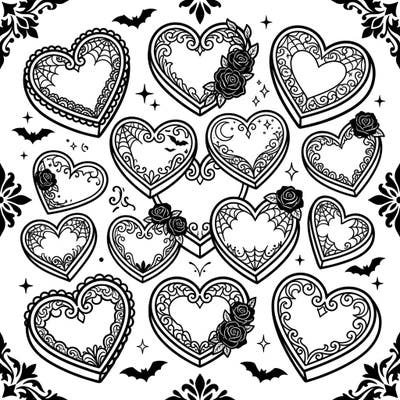 Dive into a wonderfully whimsical world with our Gothic Candy Hearts coloring page, specially designed for kids aged 4-8. This unique template blends sweet heart shapes with spooky-chic gothic elements like lace and bats, promising hours of creative coloring delight.