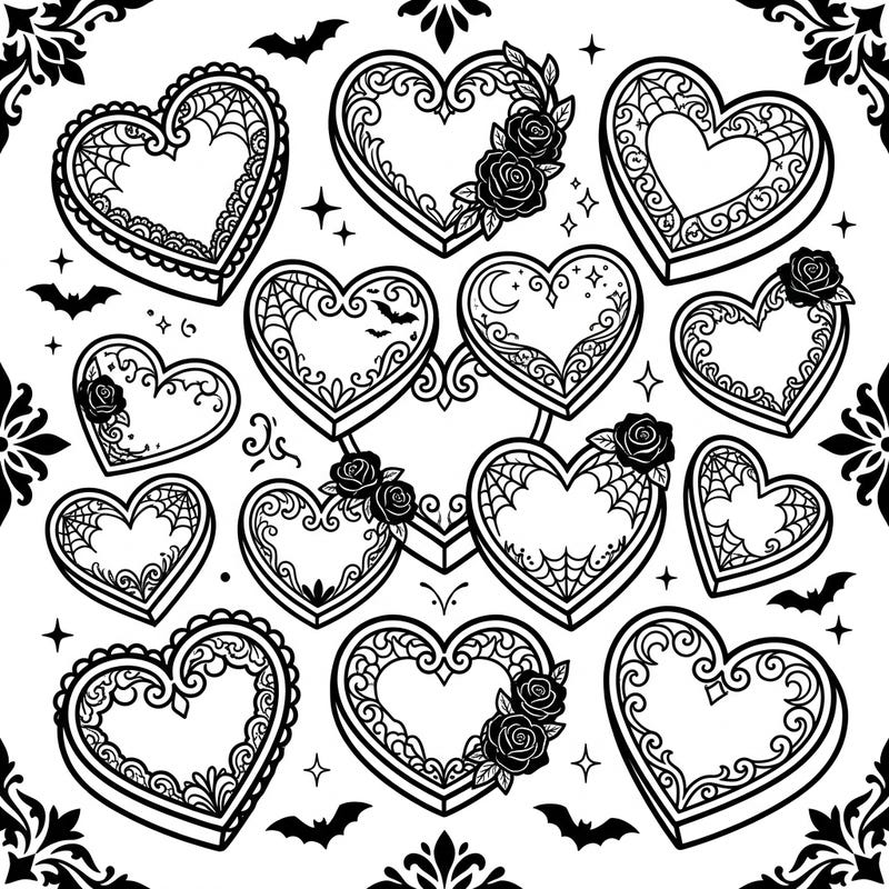 Dive into a wonderfully whimsical world with our Gothic Candy Hearts coloring page, specially designed for kids aged 4-8. This unique template blends sweet heart shapes with spooky-chic gothic elements like lace and bats, promising hours of creative coloring delight.