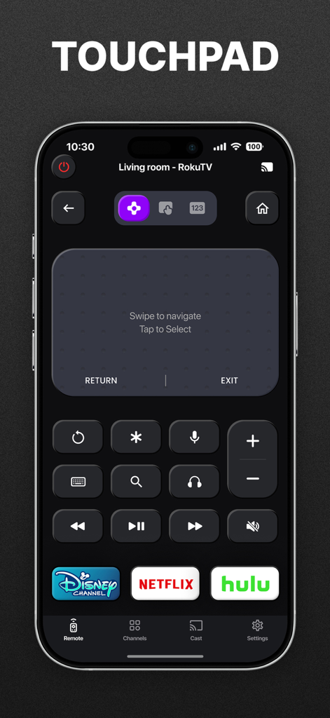 Interface da aplicação de controlo remoto universal de TV mostrando um touchpad digital e atalhos de streaming para Disney Netflix e Hulu
