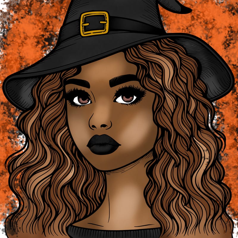 realistic girl with wavy hair a witch hat and a nose and lips and eyes