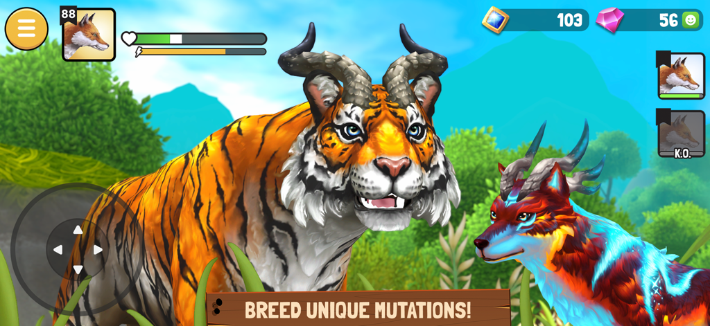 Animal Kingdoms: Wolf Sim MMO - Un tigre y un lobo con raras mutaciones de cuernos en un mundo abierto en 3D