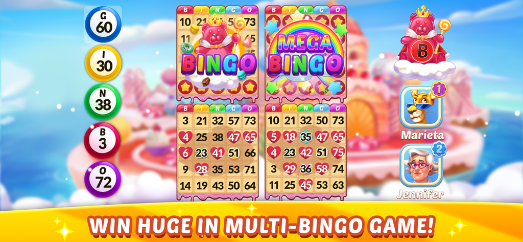 Gameplay screenshot of Bingo Aloha showing four bingo cards and a mega bingo win in a candy themed island