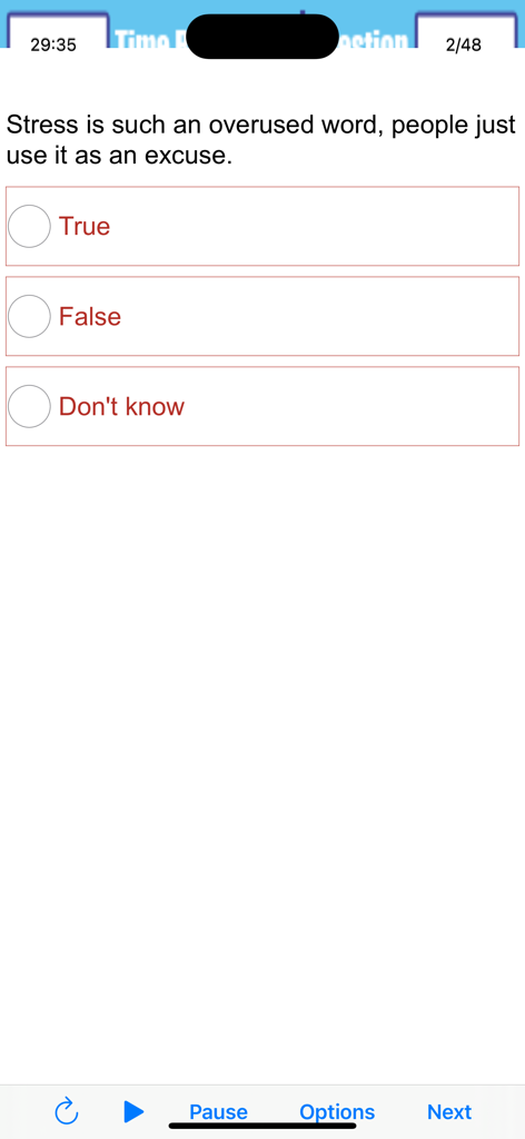 Test Your Aptitude - Aptitude test application interface showing a question about stress with multiple choice options