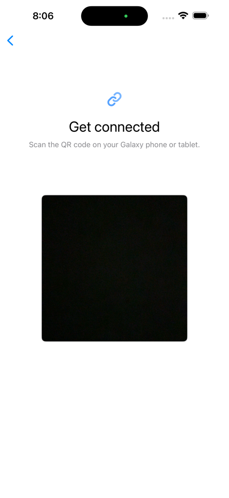 Samsung Smart Switch app screen showing instructions to scan a QR code to connect devices