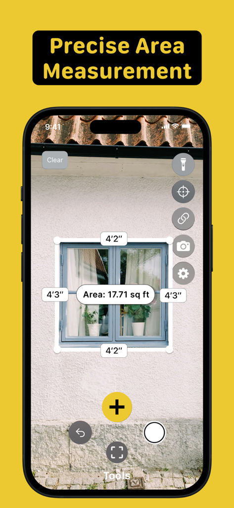 The Measure Aрр: AR Tape Ruler - iPhone screen showing the measure app calculating the square footage of a window using augmented reality