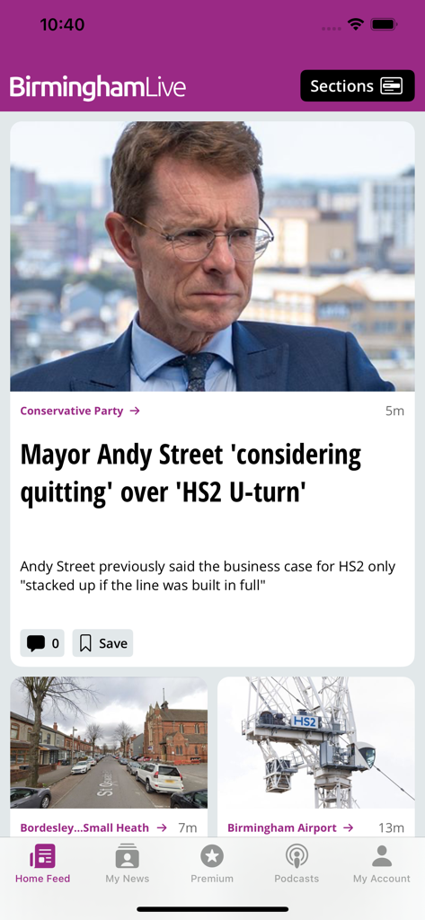 Birmingham Live - Interface of the Birmingham Live mobile app showing a news story about Mayor Andy Street and local Birmingham updates.
