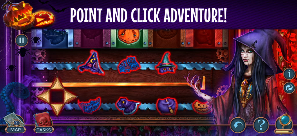 Gameplay screen of Gloomy Tales 1 Halloween F2P showing a point and click puzzle with a witch character