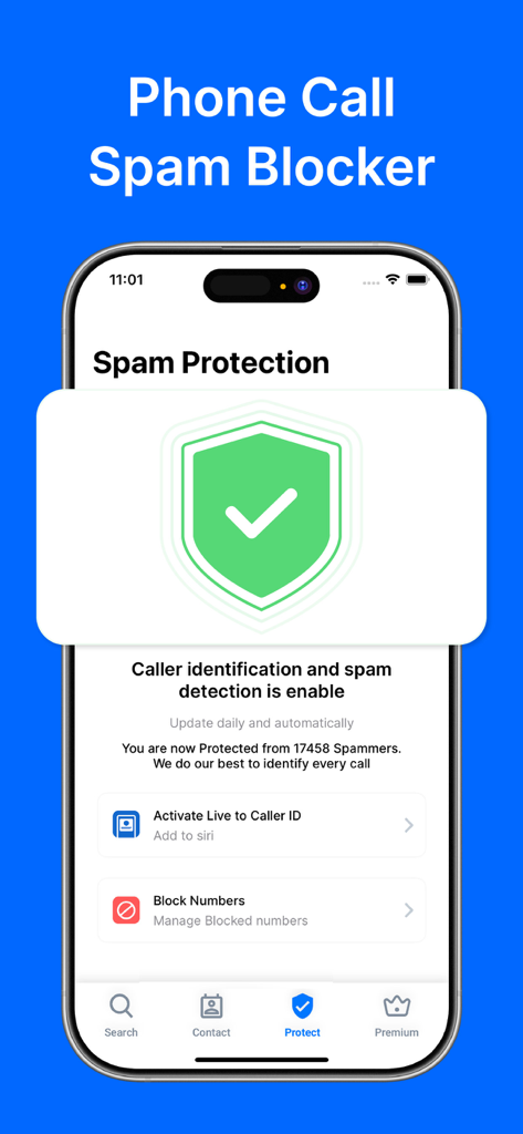 Caller ID - Spam Call Blocker - 녹색 방패 아이콘이 있는 활성 스팸 보호 대시보드를 보여주는 iPhone 화면