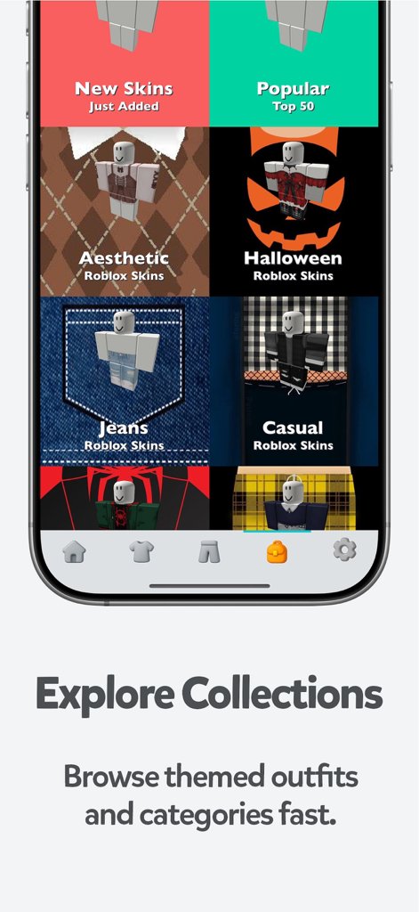 Una interfaz móvil de la aplicación ClothBlox que muestra categorías de skins de Roblox temáticas como Estética, Halloween y Casual.