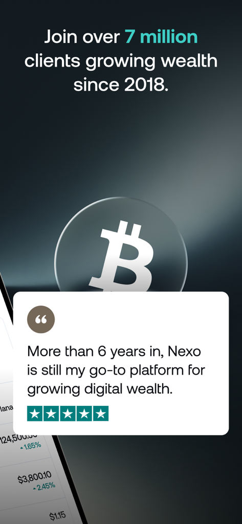 Nexo: Crypto Wealth Platform - Screenshot dell'app Nexo che mostra una recensione a cinque stelle e un traguardo cliente con un logo Bitcoin