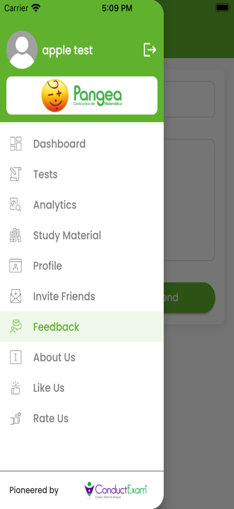 Menú de navegación lateral de la aplicación Concurso de Matemáticas Pangea mostrando opciones de Pruebas, Análisis y Material de Estudio.