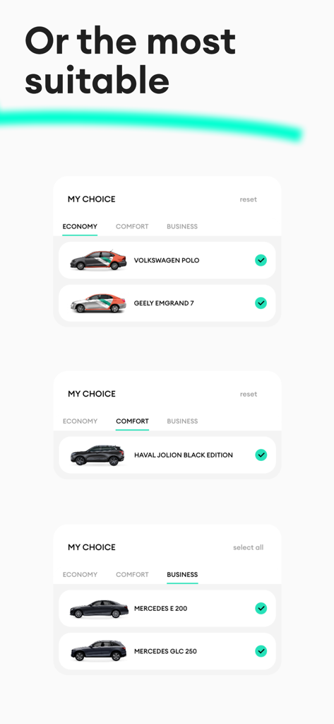 경제형, 컴포트형, 비즈니스 등급 차량 카테고리를 표시하는 Anytime 카셰어링 앱 화면.