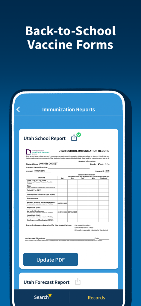 Docket® - Immunization Records - Official Utah school immunization record displayed within the Docket app interface