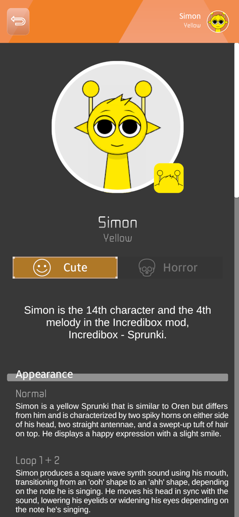 All Mods SP Guide - Perfil do personagem Simon no aplicativo All Mods SP Guide mostrando a descrição e aparência do modo Fofo.