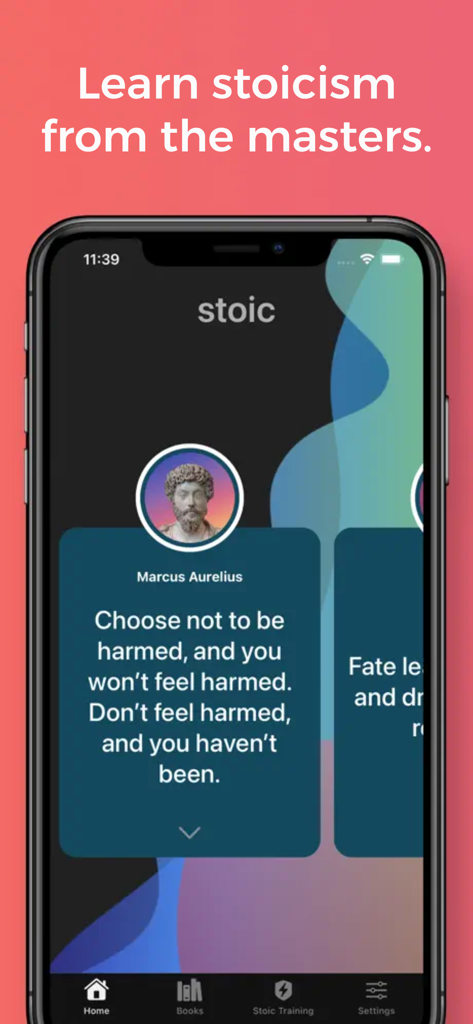 Stoic App - Stoicism for Life - Mobile phone screen displaying a philosophical quote by Marcus Aurelius in the Stoic App