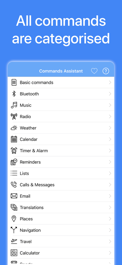 Mobile app screen showing a list of voice command categories for Google Assistant such as Music Weather and Calendar