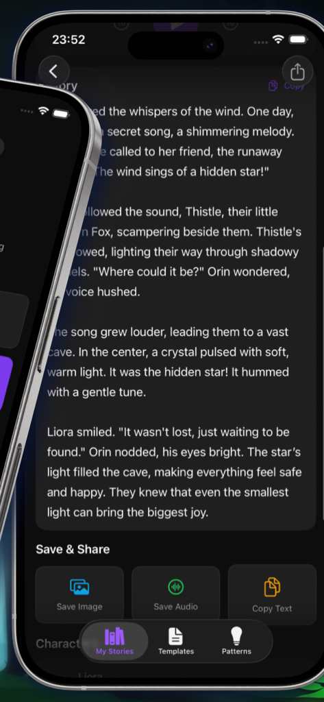Dark mode story reading screen in Little Story Maker app with save and share buttons