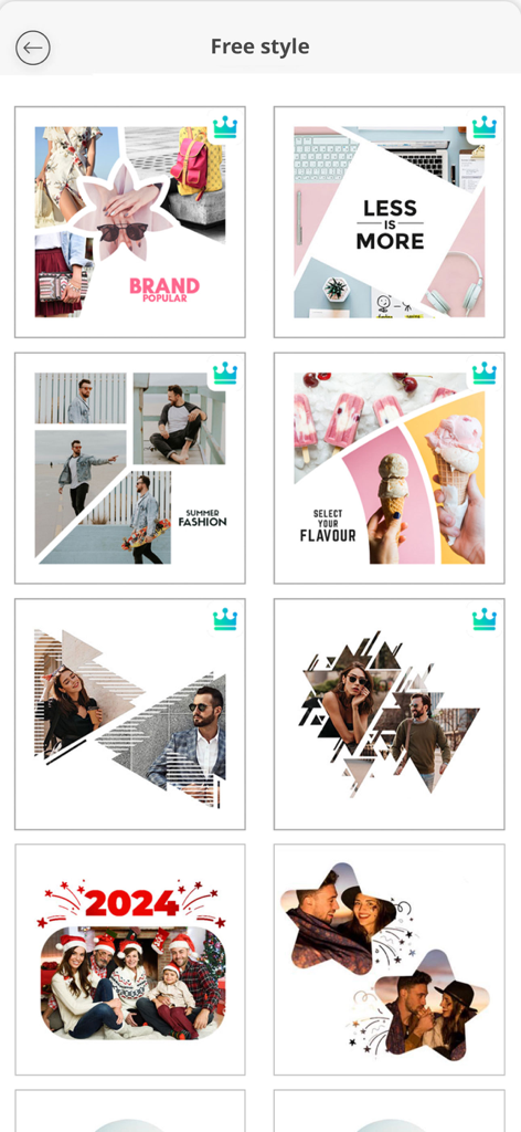 A collection of creative freestyle collage templates and social media layouts within the Photo Splash app.