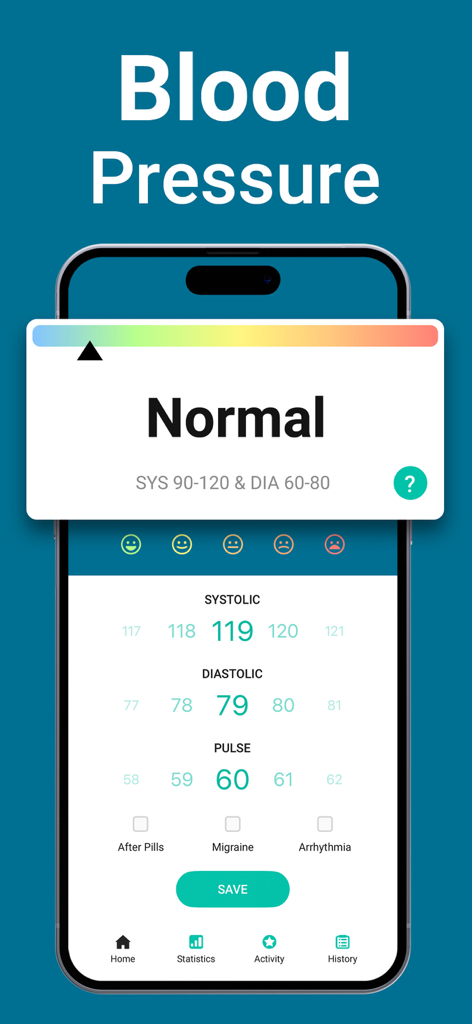 Blood Pressure App, Heart Rate - Interfaz móvil para registrar los niveles de presión arterial sistólica y diastólica.