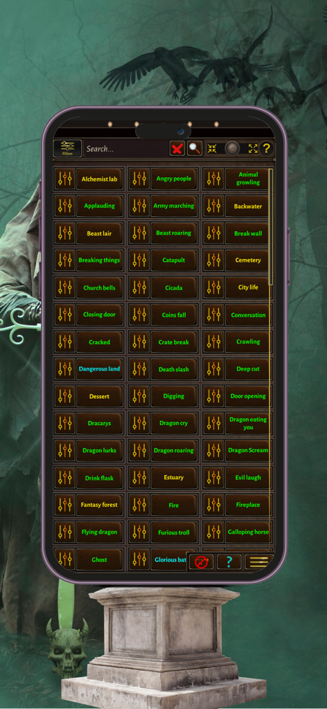 RPG Master Sounds Mixer - RPG Master Sounds Mixerアプリのインターフェース。ドラゴンやファンタジー環境のサウンドエフェクトボタンのグリッドが表示されています。