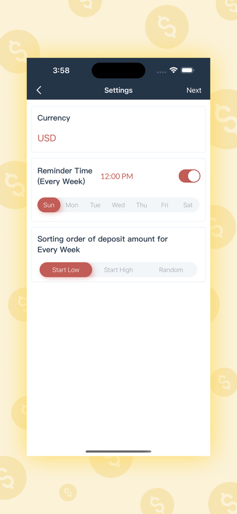 52 Weeks Money Challenge - Einstellungsbildschirm für die 52-Wochen-Geld-Challenge-App, der Währungsauswahl, wöchentliche Erinnerungen und Sortierungsoptionen für Einzahlungen anzeigt.