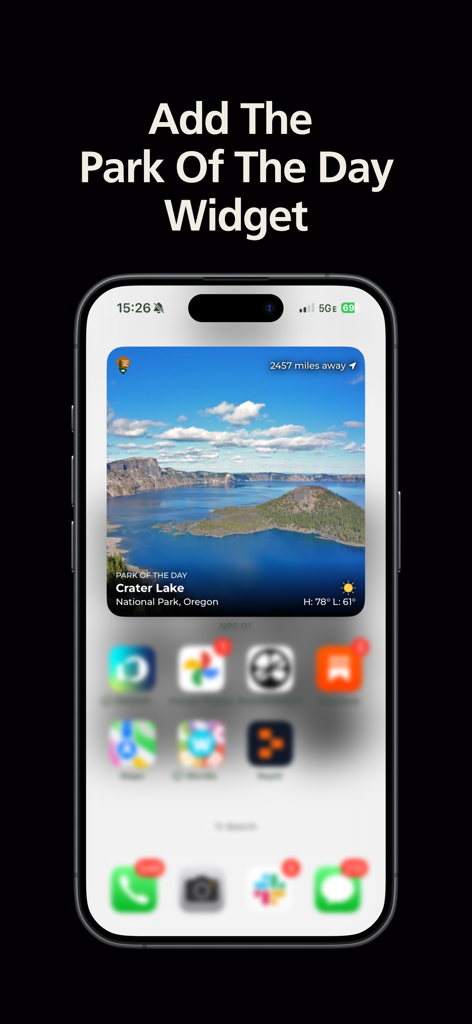National Park Service app Park of the Day widget on an iPhone screen featuring Crater Lake