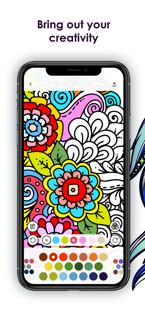 MyColorful - Coloring Book - A smartphone screen showing a colorful floral illustration being painted in the MyColorful coloring book app.