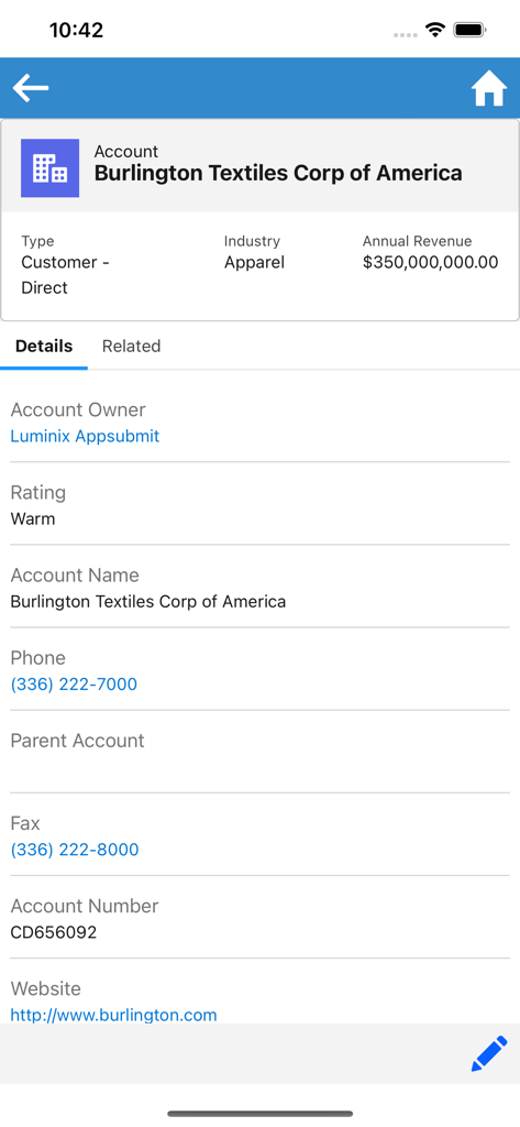 Pulsar for Salesforce - Una pantalla móvil que muestra los detalles de la cuenta de Burlington Textiles Corp of America dentro de la aplicación Pulsar for Salesforce.