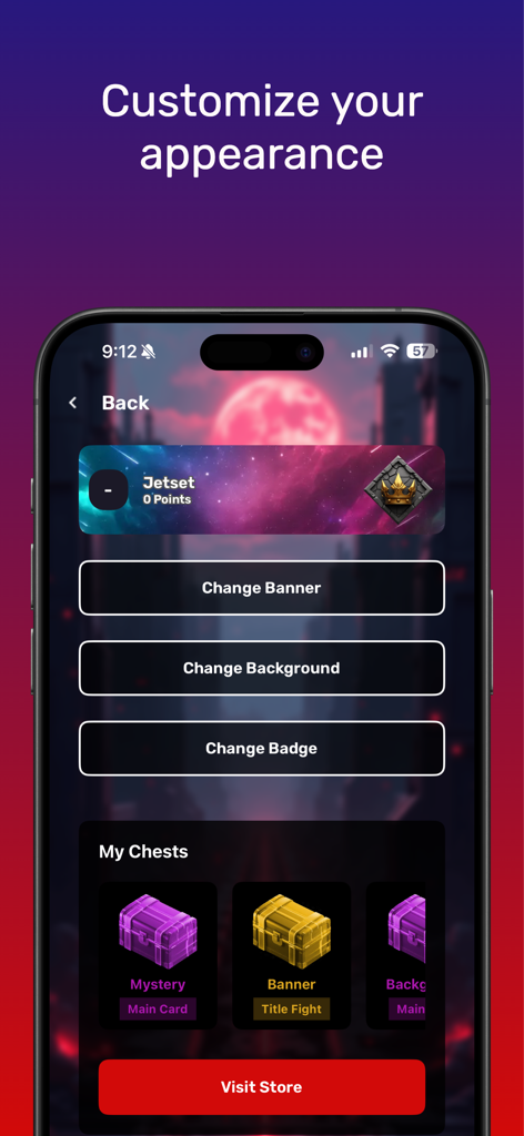 MMA Fantasy - MMA Fantasy app interface for customizing user profile with banners and badges