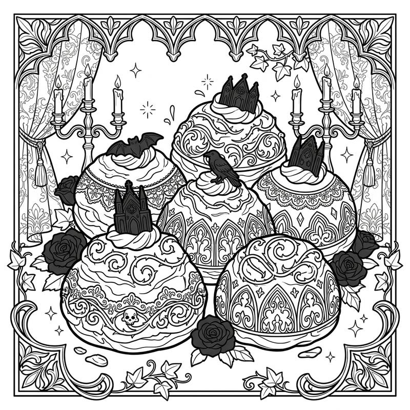 Unleash your creativity with this unique coloring page featuring decadent cream puffs reimagined in a captivating Gothic style. Explore intricate Victorian patterns, dark embellishments, and mysterious details, perfect for a relaxing and engaging coloring session.