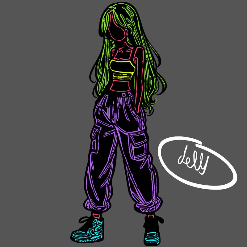 girl in baggy pants crop top and long hair