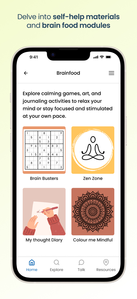 Tele MANAS - Tele MANAS app interface showing brainfood modules like Sudoku, meditation, journaling, and mindful coloring.