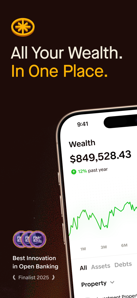 Gather - Interface do aplicativo rastreador de patrimônio Gather mostrando o rastreador de patrimônio total com gráfico de linha e visão geral dos ativos