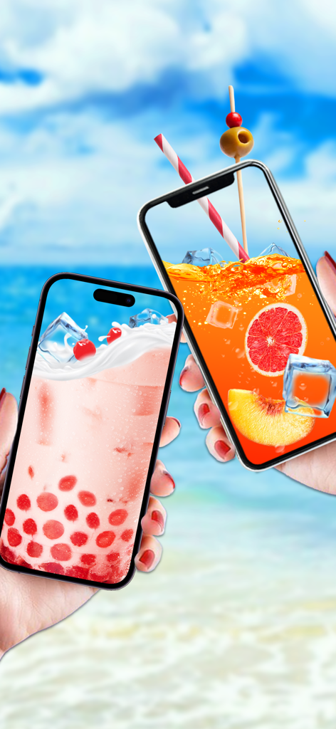 Boba Tea DIY: Tasty Recipe - Two smartphones displaying virtual boba tea and fruit juice recipes against a beach background.