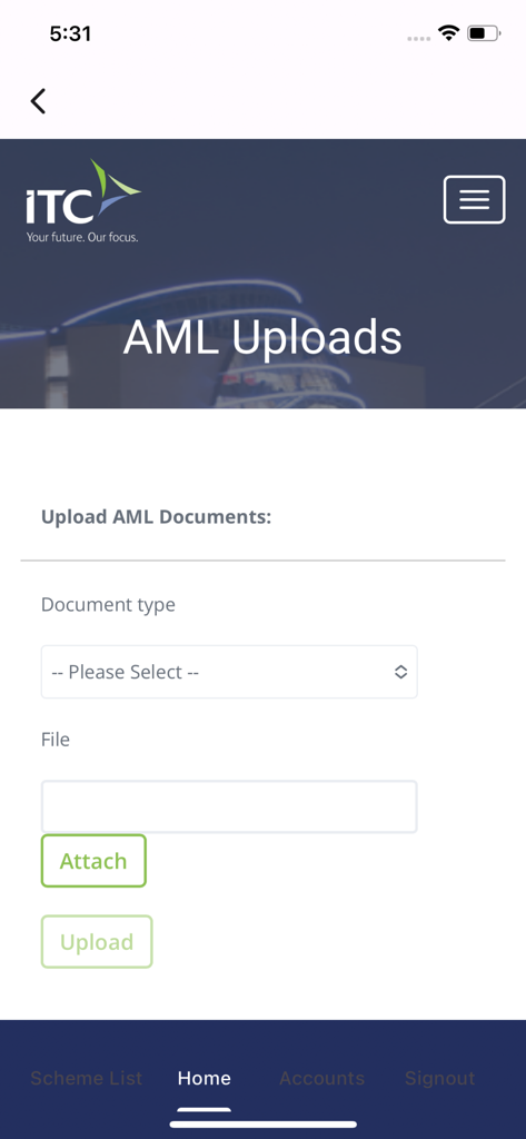 AML document upload screen in the ITC Client Portal app