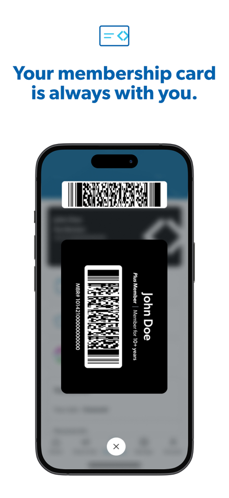 Sam's Club: Pickup & Delivery - Una pantalla de smartphone que muestra una tarjeta de membresía digital de Sam's Club con un código de barras y detalles del miembro.