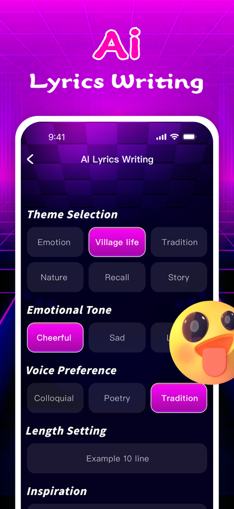 Rifya - Fun Club & Video Chat - Rifya app screenshot showing the AI lyrics writing interface with customization options for theme, emotional tone, and voice preference