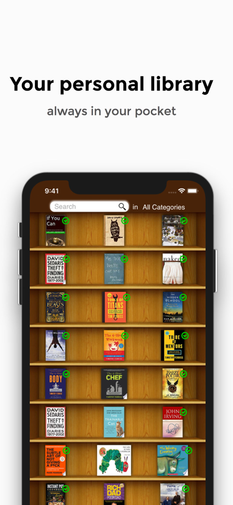 My Book List - Library Manager - My Book List app interface displaying a digital book collection on virtual wooden shelves