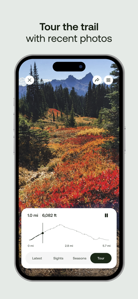 Smartphone screen showing the AllTrails app feature for touring trails with recent photos and elevation profiles.