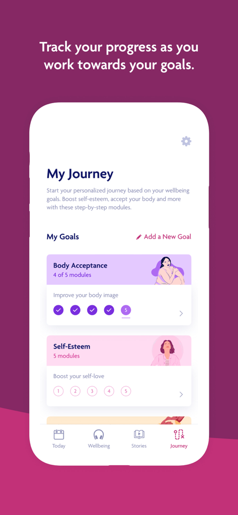 Emjoy - Female wellcare - Pantalla de la aplicación Emjoy que muestra el seguimiento del progreso para los objetivos de aceptación corporal y autoestima.