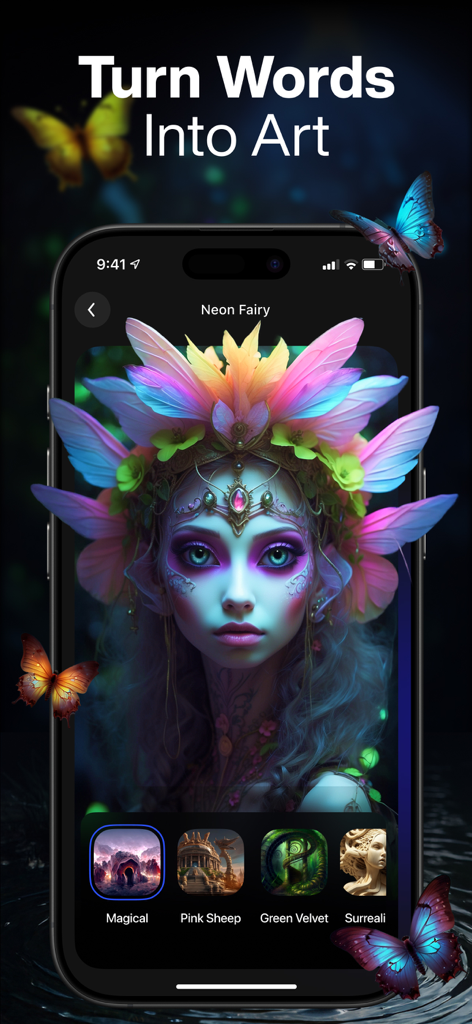 La interfaz de la aplicación IA DaVinci que muestra un hada de neón hiperrealista generada a partir de indicaciones de texto.